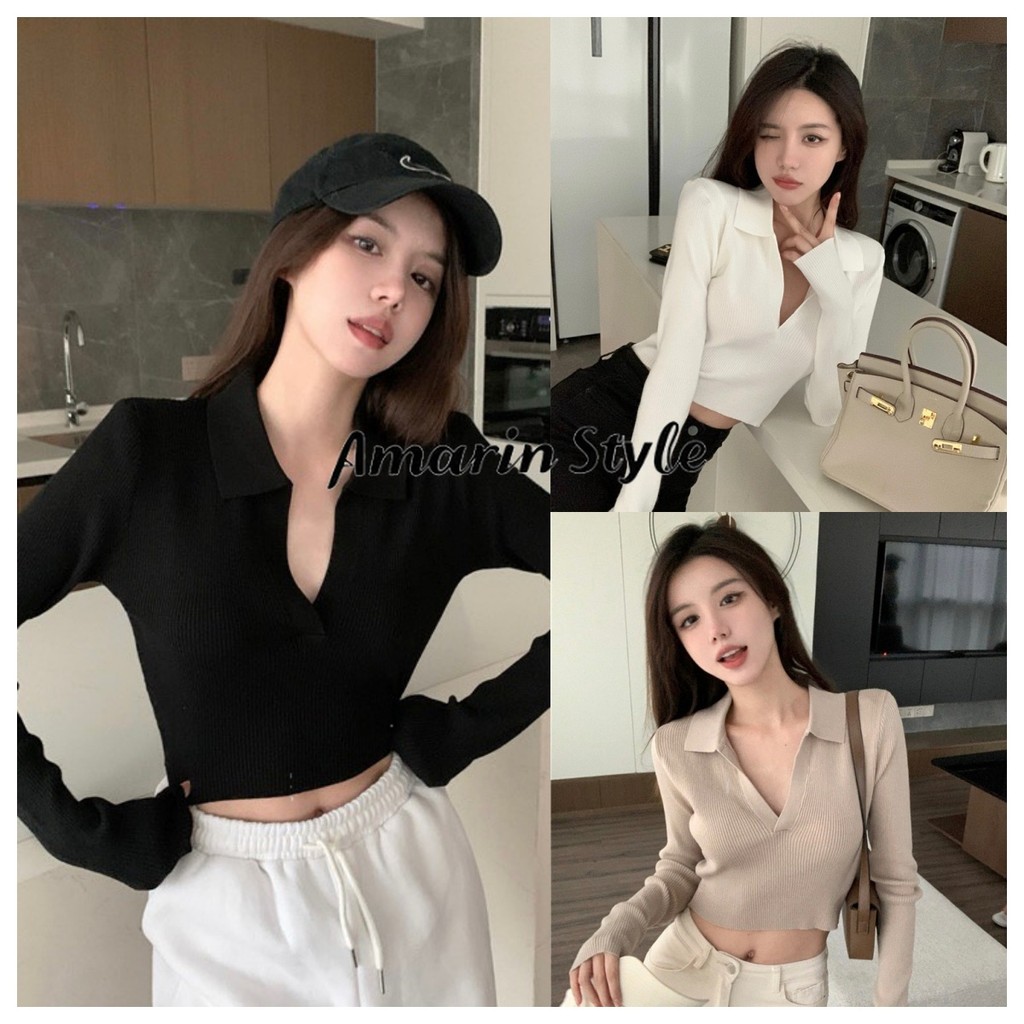 Amarin🌸พร้อมส่ง🌸 เสื้อคอปกไหมพรม เรียบหรู ใส่สบาย ไซส์พอดีตัว  8K38
