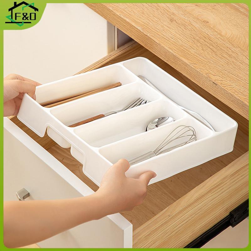 F&O 4/5 ช่องช้อนส้อม Daily Drawer Divider ถาดสี่เหลี่ยมผืนผ้าทําความสะอาดง่าย Home Kitchen ช้อนส้อมแ
