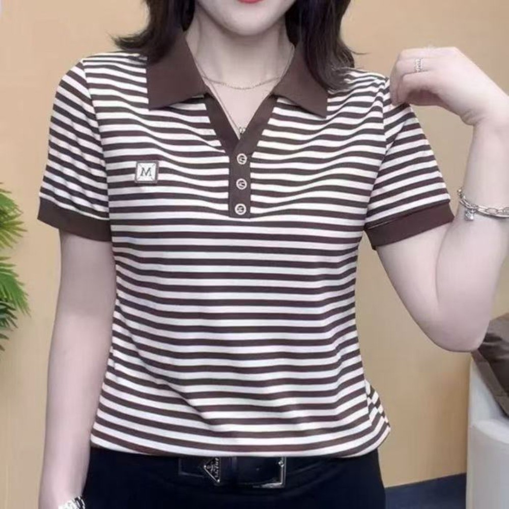 โปโล เสื้อยืดแฟชั่นสไตล์เกาหลีคอปกพับเก็บได้และแขนสั้นลําลองลายทางด้านบน - รูปที่ 3