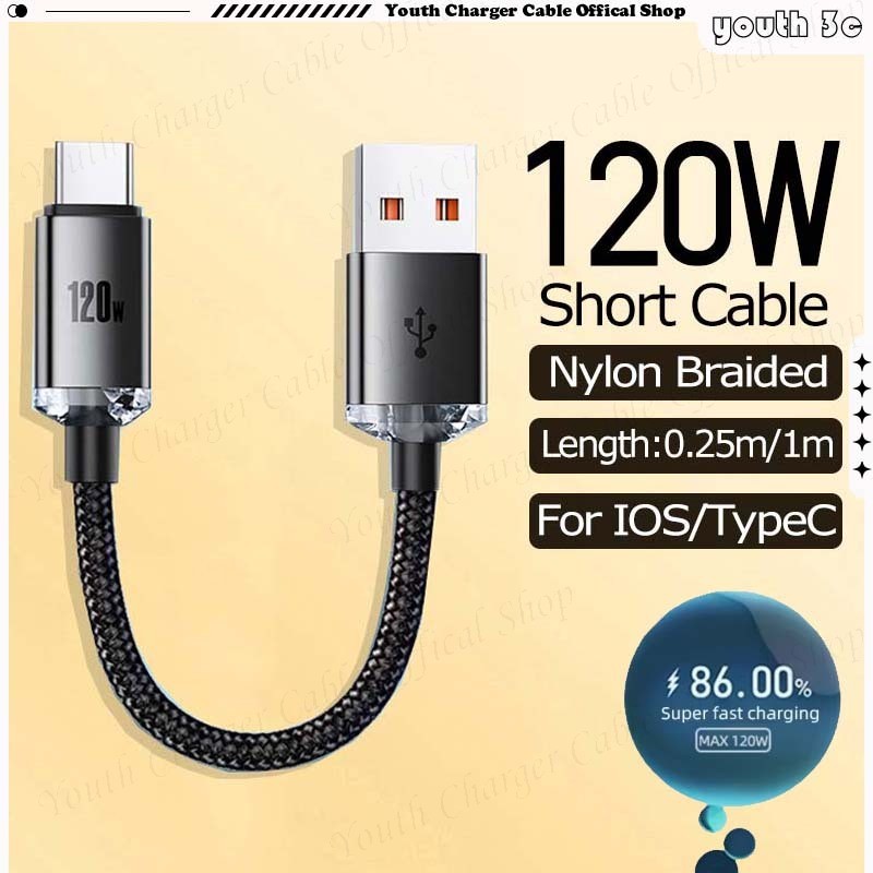 0.25 เมตร/1 เมตรสั้น Power Bank สายเคเบิลข้อมูล 120W Super Fast สายชาร์จ 6A USB ถึง Type C ไนลอนถักส