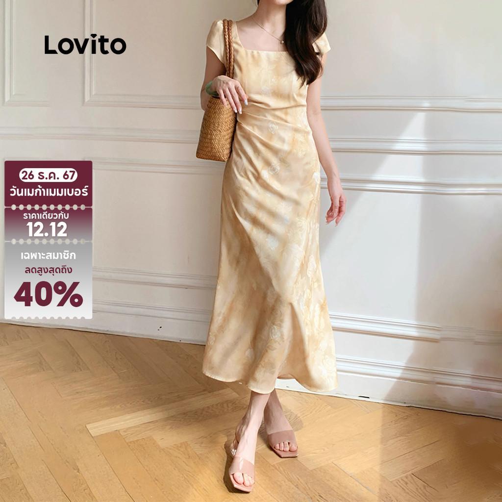 Lovito ชุดเดรสลําลองซิปฤดูร้อนฤดูใบไม้ผลิชุดเดรสสีเหลืองสําหรับผู้หญิง L140EDBR018