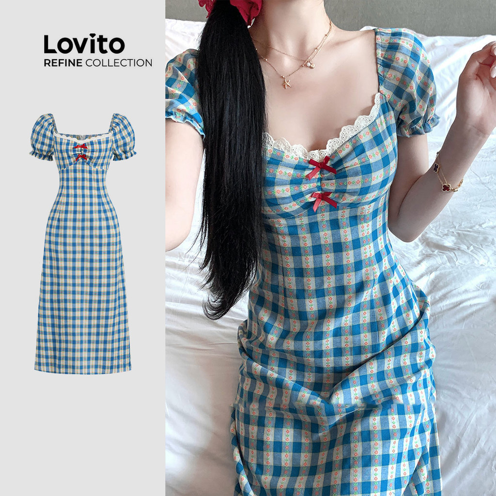 (Refine by Lovito) ชุดเดรสน่ารักโบว์ฤดูใบไม้ผลิ/ฤดูร้อน สีน้ำเงิน สำหรับผู้หญิง LR21A082 – โปรปัง