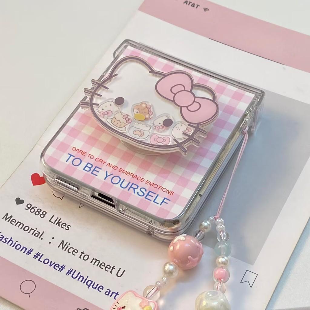 เหมาะสําหรับ Samsung Galaxy Z Flip7 Flip6 สีชมพู Checkered น่ารัก Kt Cat Shake Shake สนุกวงเล็บเคสโท