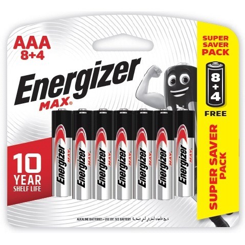 ถ่านอัลคาไลน์ Energizer Max AAA แพ็กพิเศษ 8+4 ENERGIZER MAX AKL BONUSPACK E92AAA BP8+4