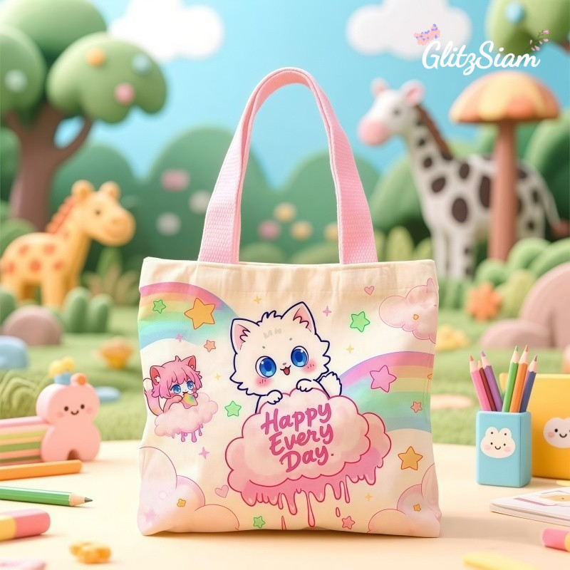 Glitzsiam🐱🐱กระเป๋าผ้าแคนวาสลายการ์ตูน กระเป๋าเก็บของสำหรับวันเด็ก  ลายสัตว์น่ารัก  ถุงของขวัญสำหรับเด็ก .