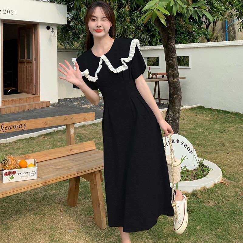 ชุดกระโปรง A-line ฝรั่งเศส ลดพุงได้ ลายลูกไม้สีดำ ไซส์ใหญ่มากถึง 150 kg