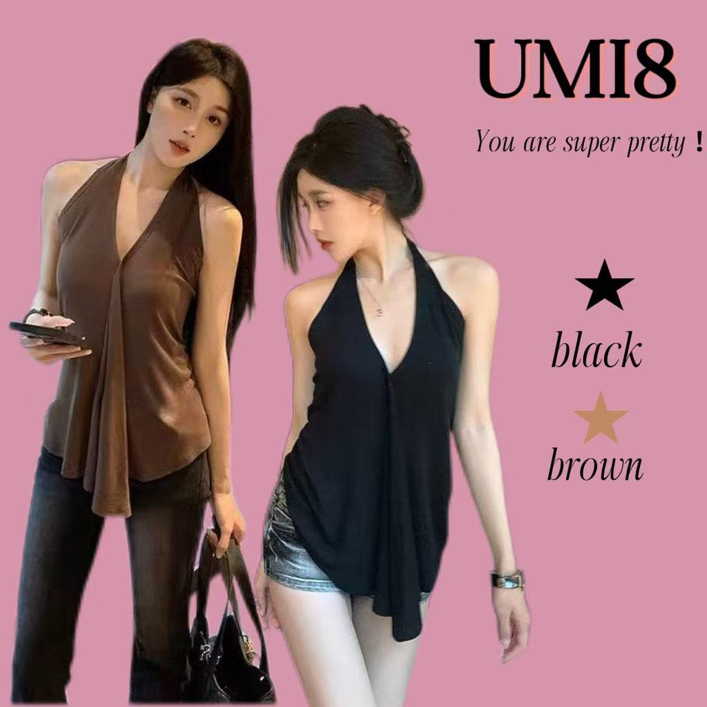 UMI8 【ในสต็อก】 เสื้อครอปแขนกุดคอวีสีดำสำหรับผู้หญิง ดีไซน์เปิดหลังรับฤดูร้อน ดีไซน์เก๋ไก๋และเซ็กซี่ ให้ลุคที่เย้ายวนใจ