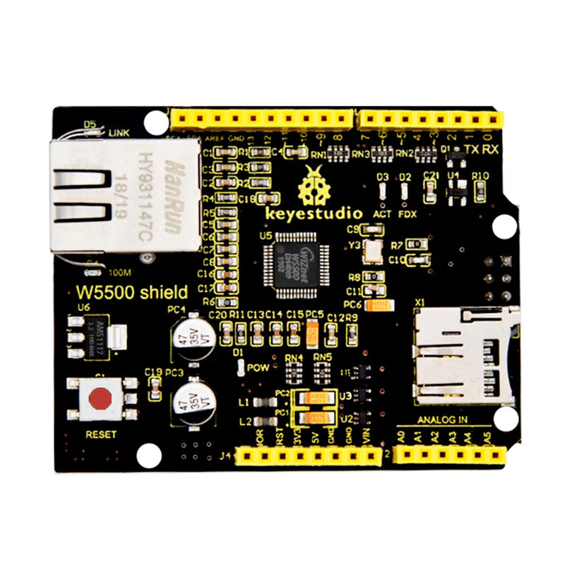 Keyestudio W5500 Ethernet Shield บอร์ดขยายควบคุมอีเธอร์เน็ตสําหรับ Arduino UNOR3 /Mega (ไม่มี POE)