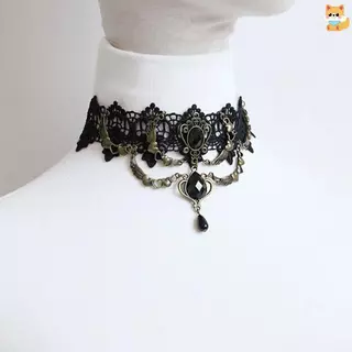 สร้อยคอมินิมอลแบบเซ็กซี่ Gothic คอเลอร์คริสตัลลายลูกไม้สำหรับผู้หญิง สไตล์วินเทจ Victorian และ Steampunk