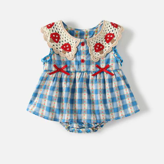 เสื้อผ้าเด็กใหม่ฤดูร้อนลายสก๊อตสีฟ้าบางพักกลางวัน เจ ผู้ตัดสิน 0-24เดือนน่ารักสุดน่ารักถักปกสามเหลี่ยม ฮ่า-ฮ่า เสื้อผ้าโบว์ผ้าฝ้ายแท้บอดี้สูท
