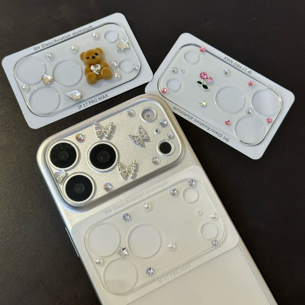 น่ารัก 3D เชอร์รี่ผีเสื้อหมี Rhinestones โปร่งใสกล้องเลนส์ Protector สําหรับ iPhone 17 Pro Max 17 Pro กระจกป้องกันเลนส์