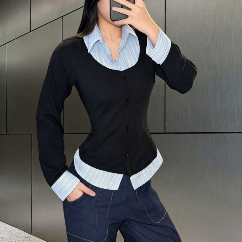 เสื้อชีฟองผู้หญิงสไตล์เกาหลี ทรงเข้ารูป มีกระดุมแขนยาว สวมใส่สบาย
