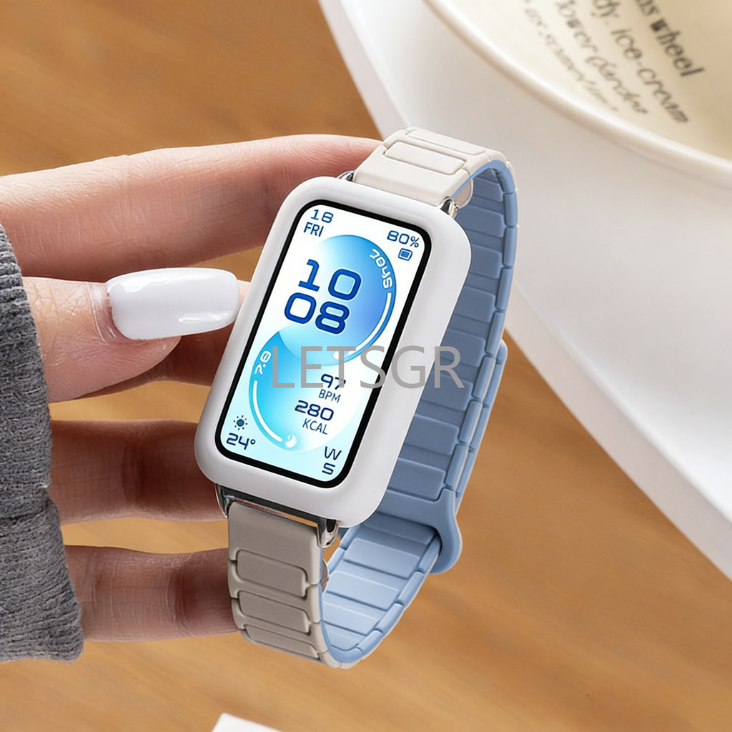 สายรัดซิลิโคนแบบแม่เหล็กพร้อมเคสสำหรับ Huawei Band 11 Band 10 9 8 สมาร์ทวอทช์ NFC สายรัดข้อมือสำหรับ Huawei Band 11 Pro อุปกรณ์เสริม