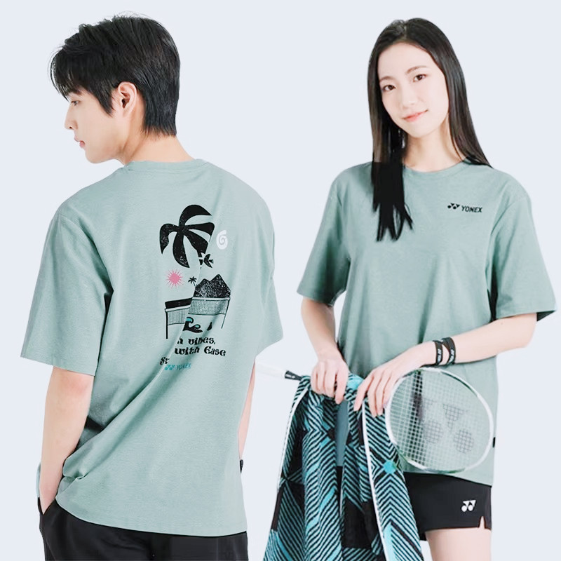 Jersey Tops YONEX สไตล์เกาหลีสำหรับผู้ชายและผู้หญิง สีเขียว Sage แห้งไว แขนสั้น