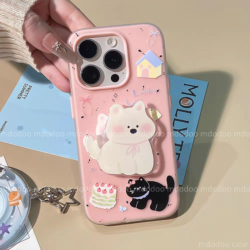 เคส For Redmi 15C 14C 13C 12C 15 13 12 13X A4 A3 Pro Note 12R Mi POCO C85 4G C75 C65 M7 M6 Plus 5G M6Pro F7 Ultra X7 Pro Korean-style Cartoon Creativity Cake Bowknot Black Cat White Puppy Stand Back Cover TPU Silicone Two-in-One Phone Case GDK 05