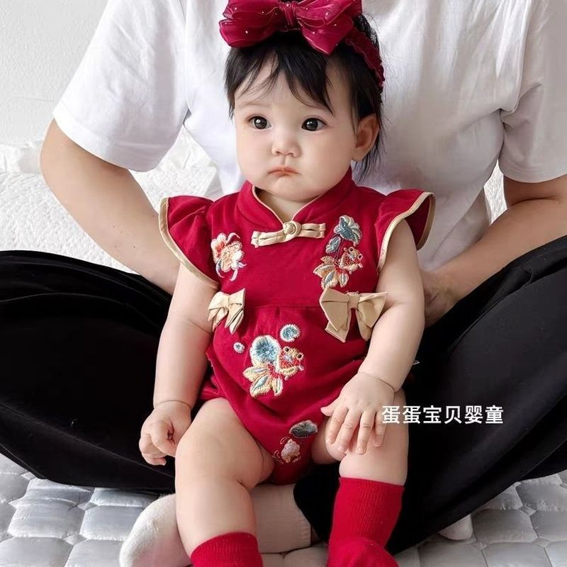 婴儿夏季包屁衣宝宝周岁连体衣哈衣婴儿衣服满月红色百中国礼服4.7Baby Summer Romper, Baby One-year-old Jumpsuit, Baby Clothes, Red Fu