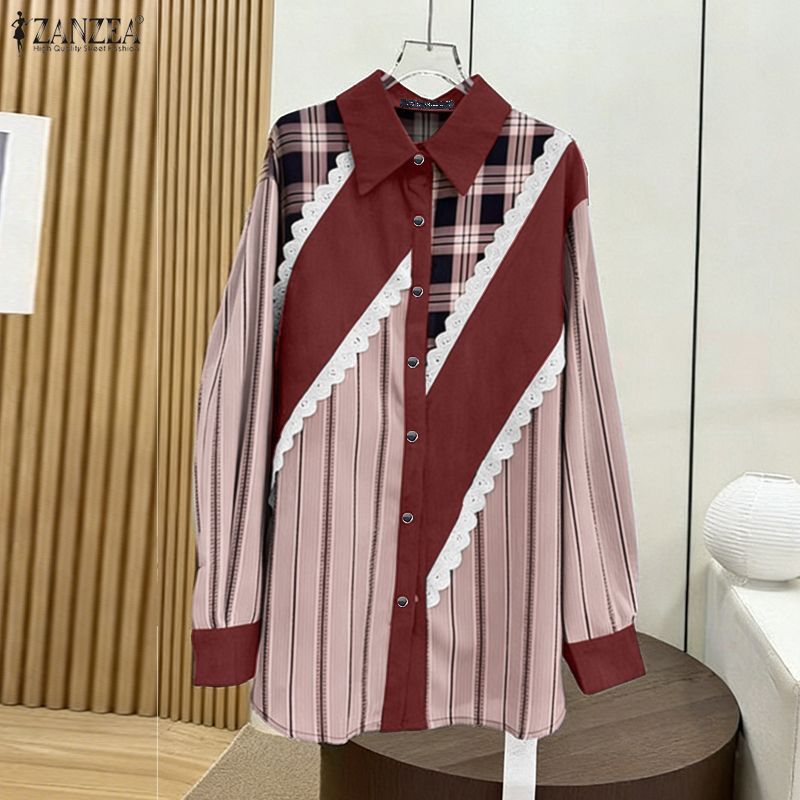ZANZEA เสื้อแขนยาวสไตล์เกาหลี ดีไซน์ลายสก๊อตและลูกไม้ สไตล์หลวม ๆ — صورة 6