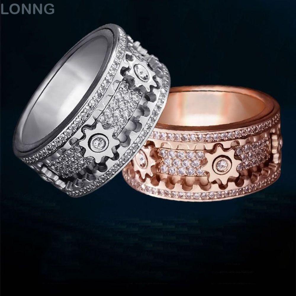 LONNG Gear Spinner Rings Mechanical Diamond Handmade Band Ring