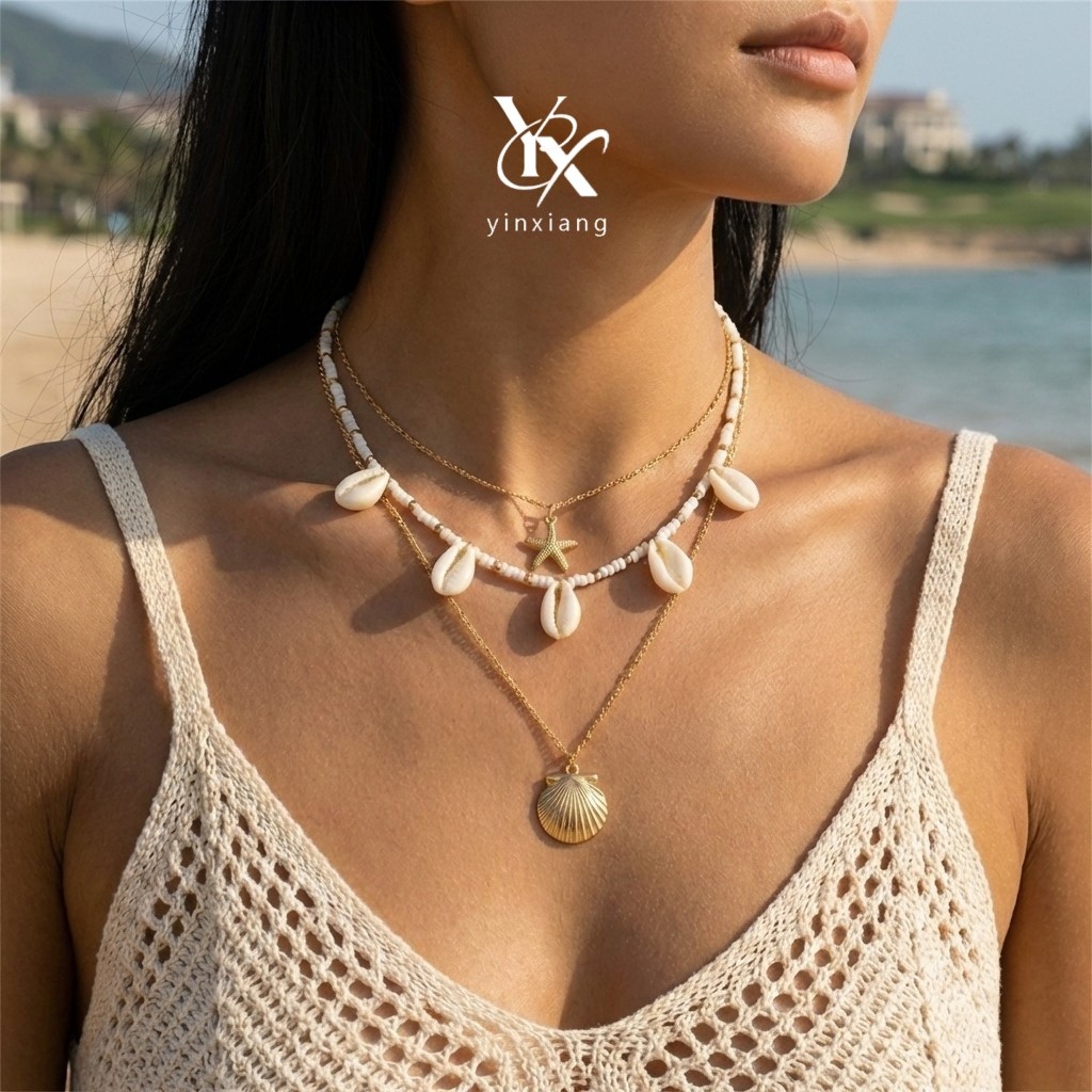 YX Retro Y2K Layered สร้อยคอ 3 ชิ้นปลาดาวลูกปัด Choker Beach Party อุปกรณ์เสริมของขวัญผู้หญิงวัยรุ่น
