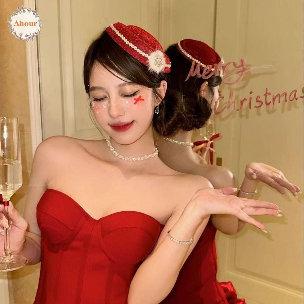 AHOUR กิ๊บรุ่นหมวกสีแดง, หมวกแฟชั่นFedora, ประดับคริสตัล vintage snowflake สำหรับหมวกของผู้หญิง