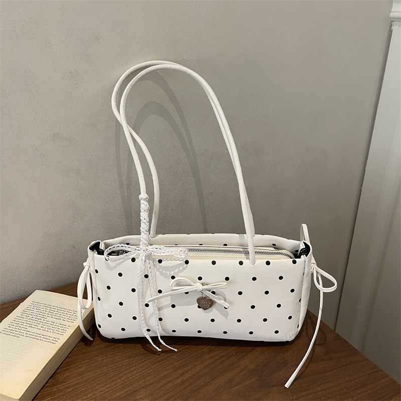 French Polka Dot Bow Baguette Bag Sweet PU Shoulder Underarm Bag Commuter All-Match Drawstring Bag
