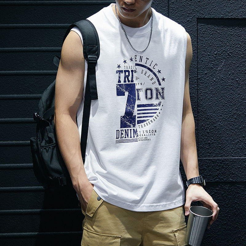 เสื้อยืดแขนกุดผ้าฝ้าย ทรงหลวมเปิดไหล่ ลายดวงจันทร์ สไตล์อเมริกันเรโทร สำหรับผู้ชาย