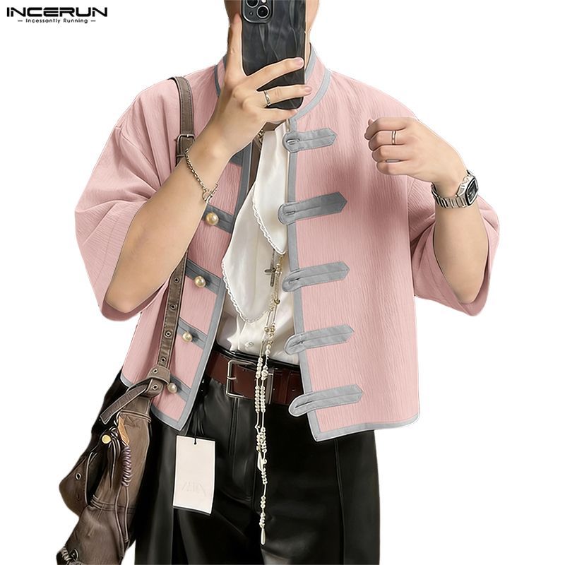 เสื้อเชิ้ตครึ่งแขนสไตล์จีน สีตัดกัน สำหรับผู้ชาย