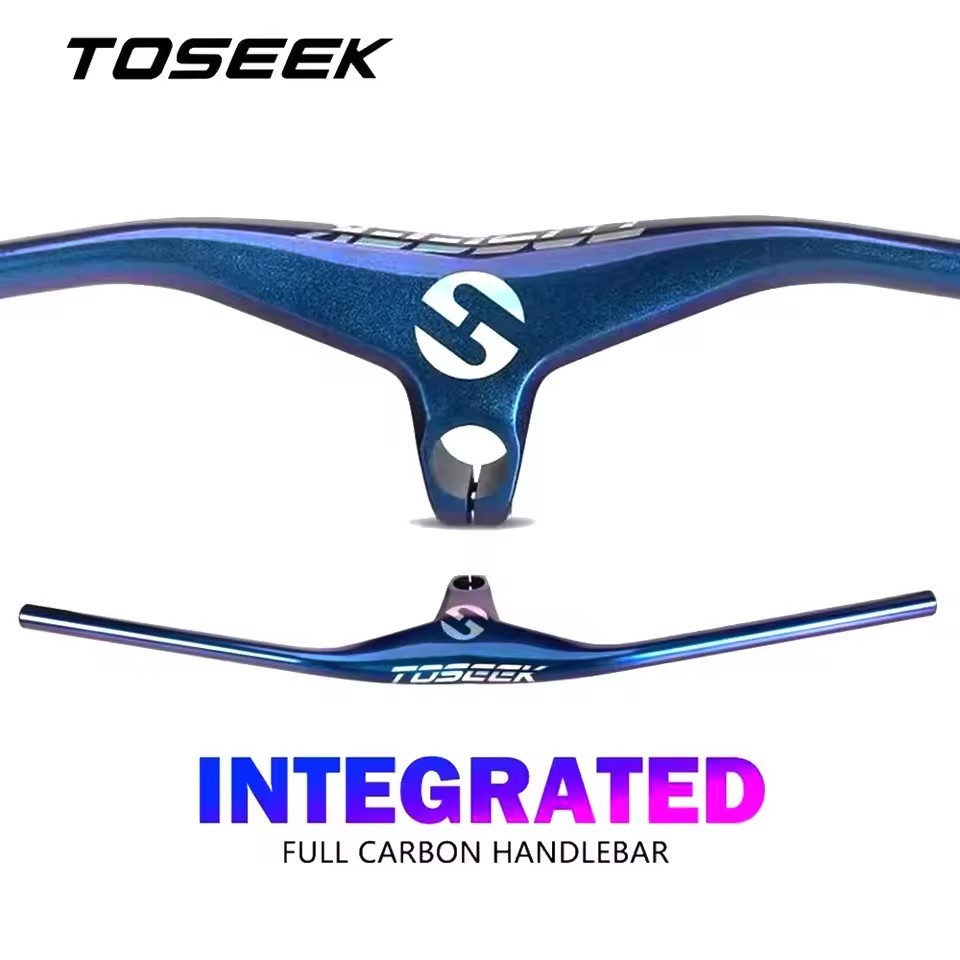 TOSEEK คาร์บอนไฟเบอร์ จักรยานเสือภูเขาสีฟ้าสดใส ก้านแฮนด์แบบรวม -17 องศา