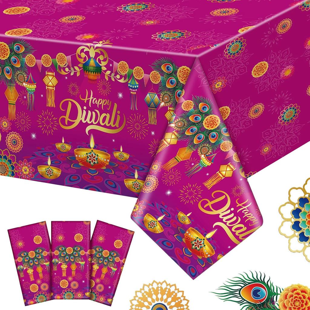3 ชิ้น Happy Diwali ผ้าปูโต๊ะทิ้ง 54 108 เทศกาลไฟปาร์ตี้พลาสติกตารางสี่เหลี่ยมผืนผ้าผ้าปูโต๊ะสําหรับ