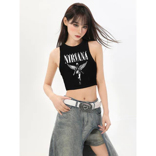 BOSSY สไตล์อเมริกันวินเทจ เสื้อกล้ามแขนกุดผู้หญิงทรงเข้ารูป ลายพิมพ์วินเทจ 100% คอตตอน#C+1924