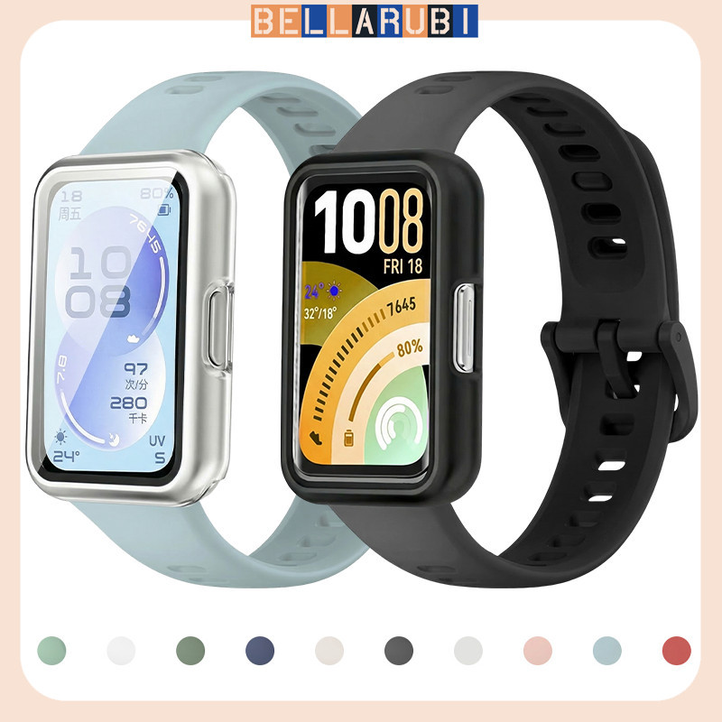 กระจกนิรภัย PC กรณีซิลิโคนสายรัด for Huawei Band 11 / Huawei Band 11 Pro ยางวงปกป้องหน้าจอ PC for Huawei Band 11 Pro