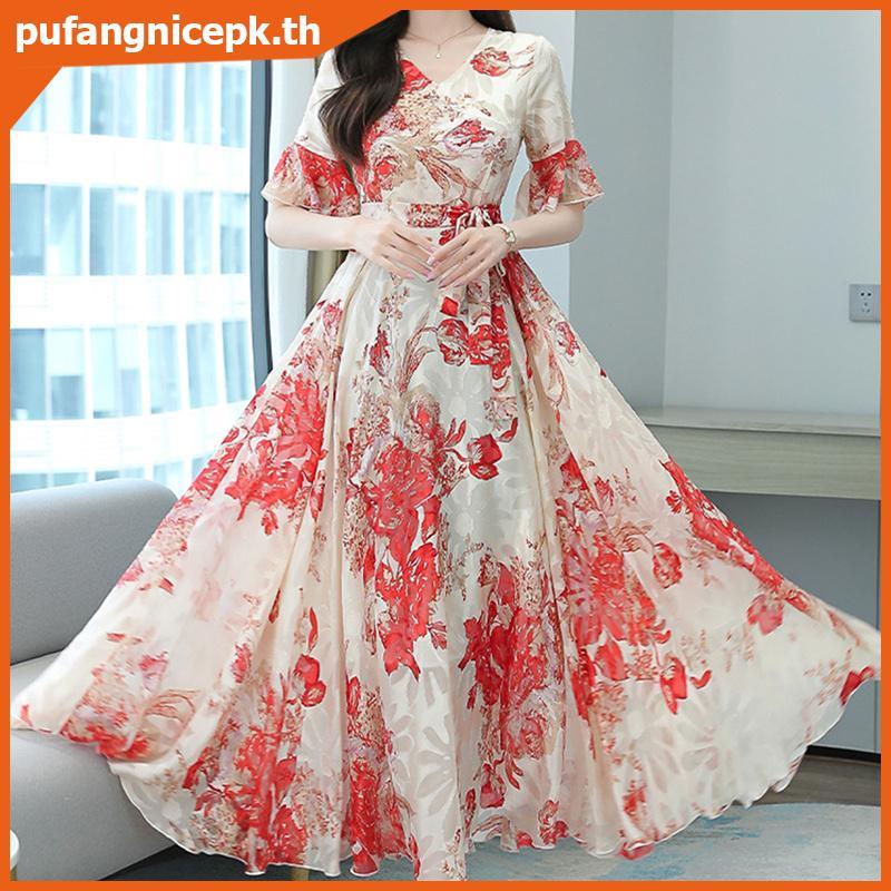 PUCEPK 2022 Elegant Women Plus Size Boho Beach Maxi Dress ชีฟองลายดอกไม้ Midi Sundress .