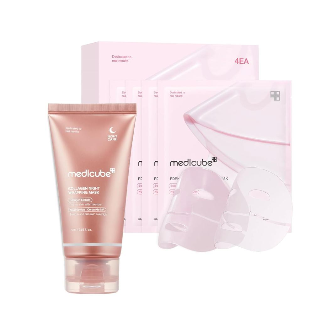 Medicube All Day Glass Glow Skin Duo: Collagen Overnight Wrapping Peel Off Facial Mask Pack และ Salm