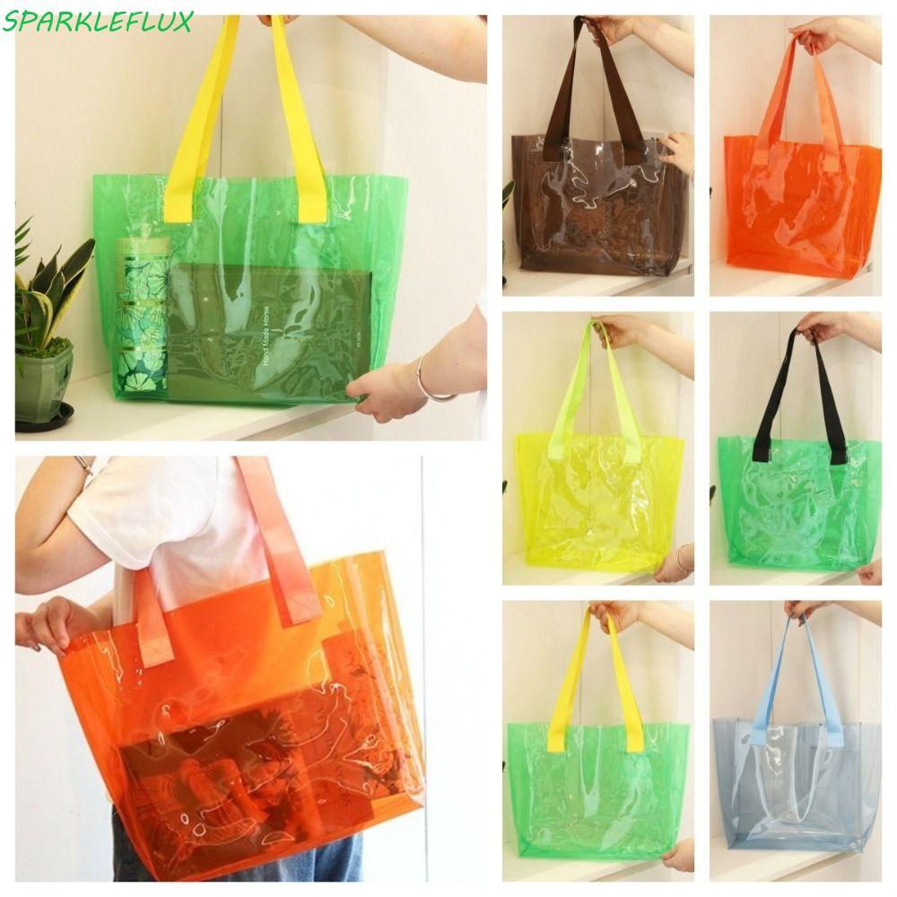 SPARKLELUX กระเป๋า PVC สีเจลลี่กันน้ำ กระเป๋าถือและสะพายไหล่สำหรับผู้หญิง