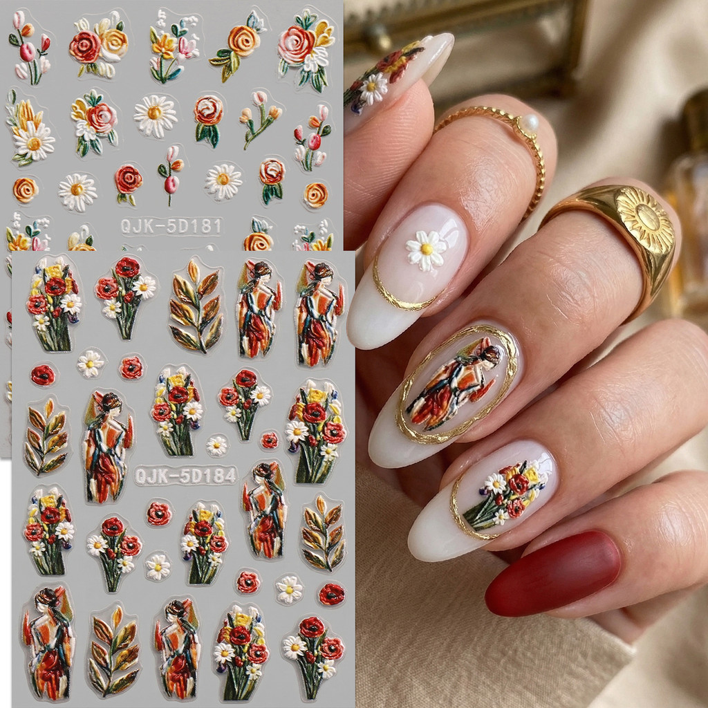 HAMA 5D นูนดอกไม้เล็บสติกเกอร์ Vintage ภาพวาดสีน้ํามันออกแบบ Elegant ดอกไม้กาว Decals DIY เล็บบรรเทา Textured ตกแต่งเล็บ QJK Series