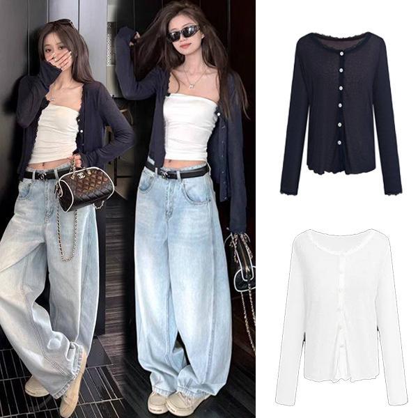 [สินค้าพร้อมส่ง]เสื้อคาร์ดิแกนถักสำหรับผู้หญิง แต่งขอบลูกไม้ กันแดด เหมาะสำหรับใส่เป็นเสื้อคลุมสั้นในฤดูร้อน#99391