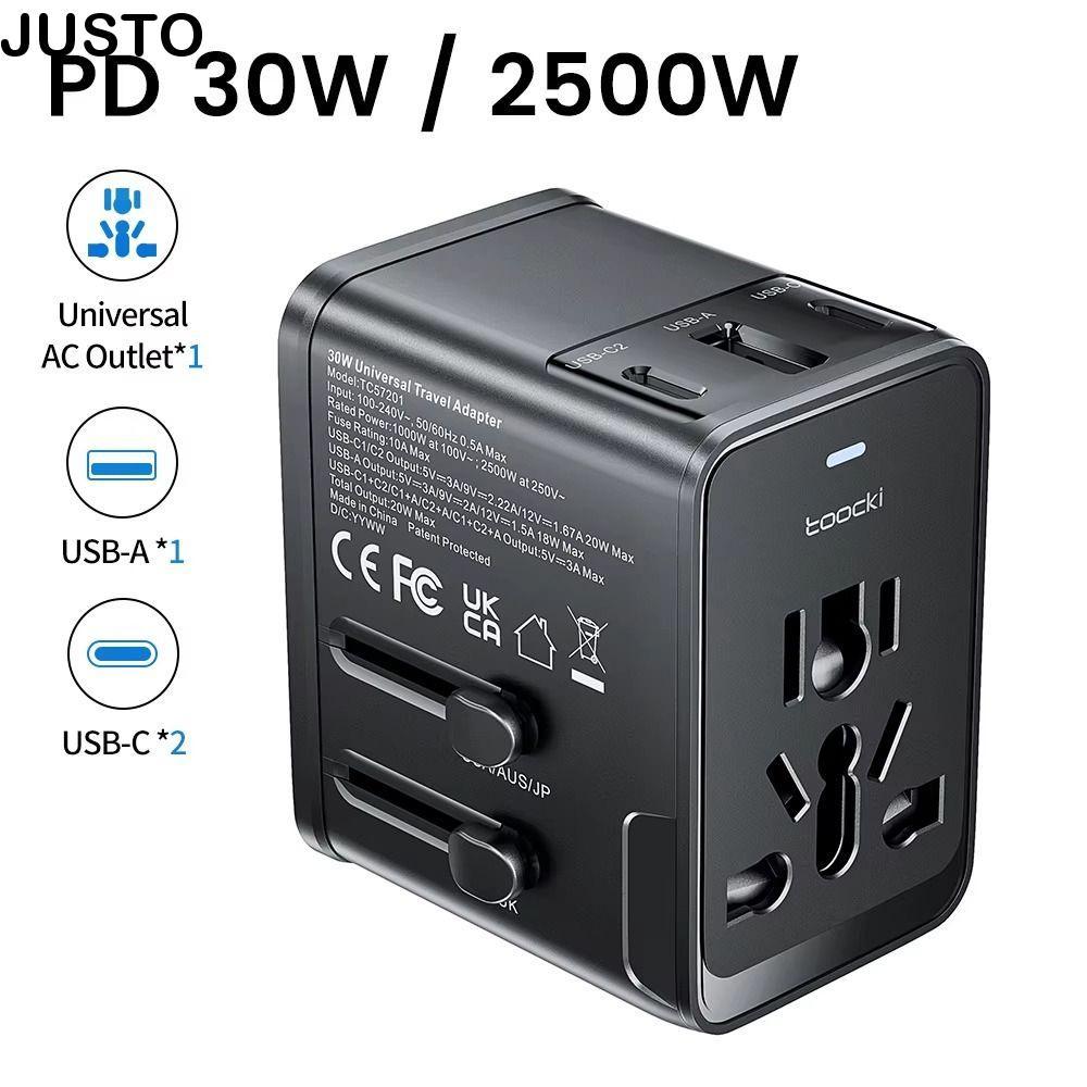 JUSTO AC Socket Converter, GaN Universal Travel Charger Adapter,แบบพกพาปลอดภัย 30W 2USB-C & USB-A Fa