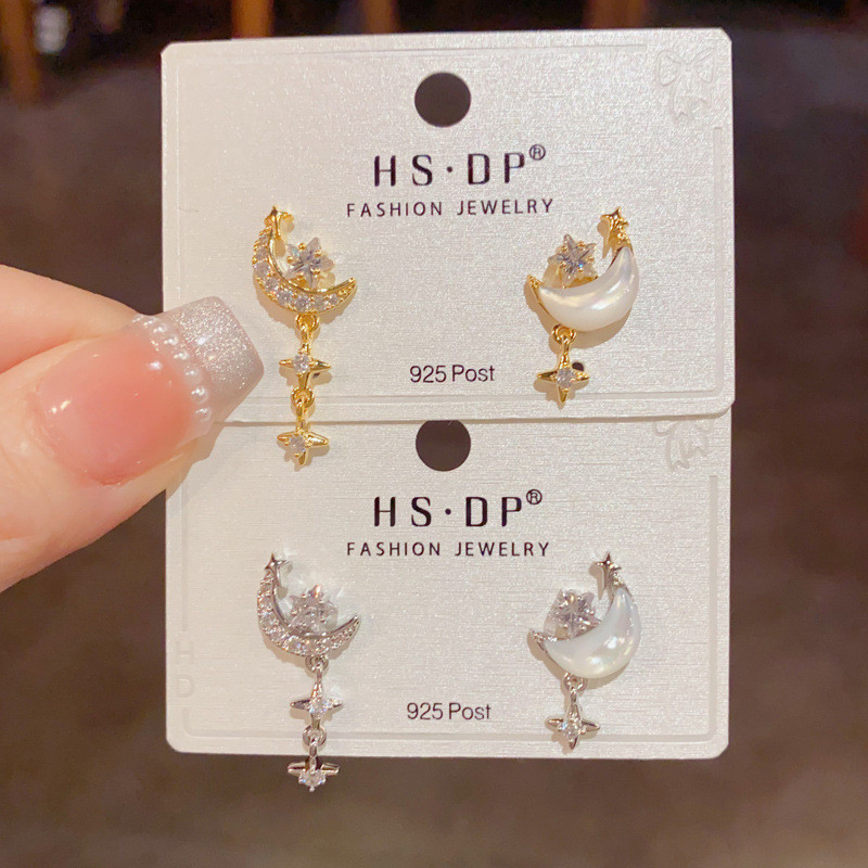 ต่างหูชุบทองคําแท้เพทายไม่สมมาตร Mother-of-Pearl Star Moon ต่างหูเครื่องประดับสุภาพสตรี