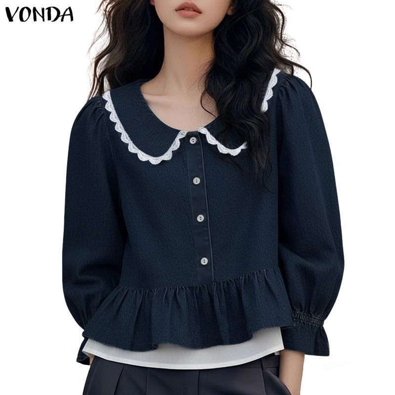 VONDA ผ้าคลุมไหล่สไตล์เกาหลี แขนสามส่วน สีสันสดใส สำหรับผู้หญิง