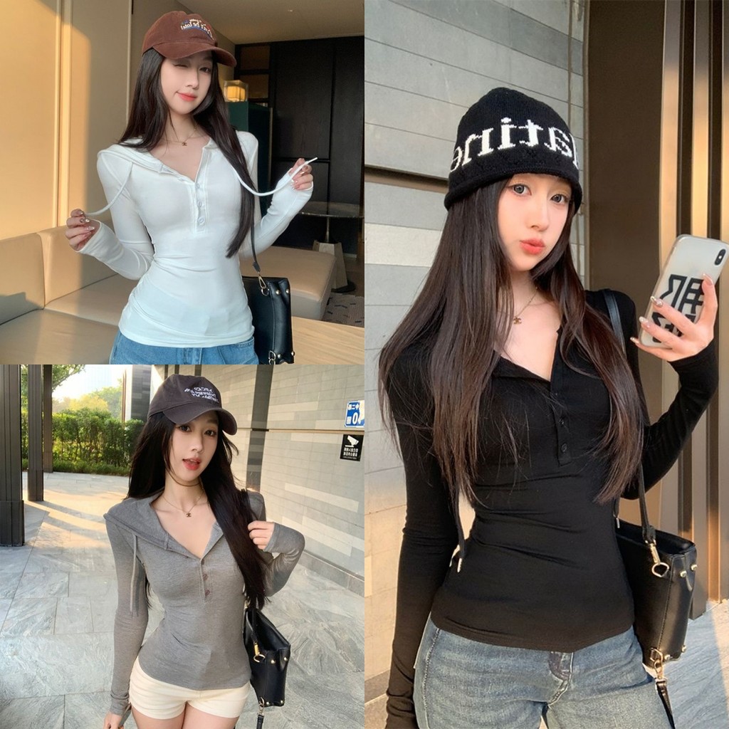 🍋Evelyn🍋เสื้อแขนยาว คอวี เพิ่มดีเทลเพิ่มฮู้ด สีพื้นมินิมอล เข้ารูป เสื้อยืด สไตล์เกาหลี แฟชั่น ใส่สบาย