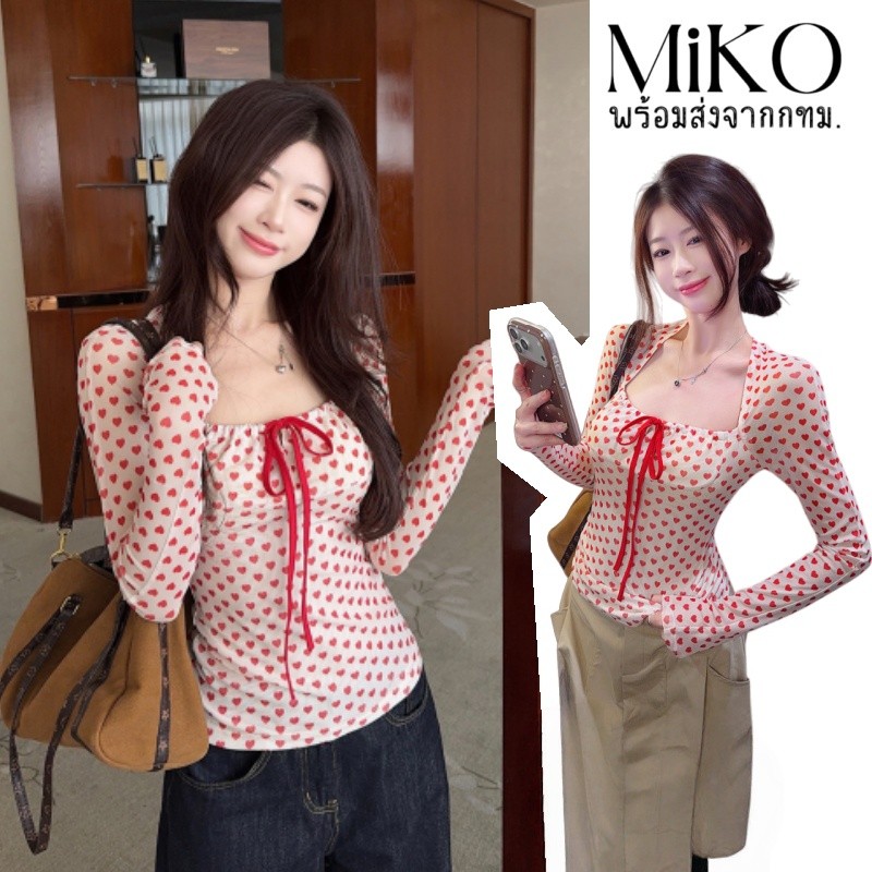 Miko🎀พร้อมส่ง🌲อแขนยาวคอเหลี่ยมพิมพ์ลายหัวใจสีแดง ดีไซน์ผูกโบว์ เสื้อครอปทรงเข้ารูป สำหรับการท่องเที่ยว แฟชั่นเซ็กซี