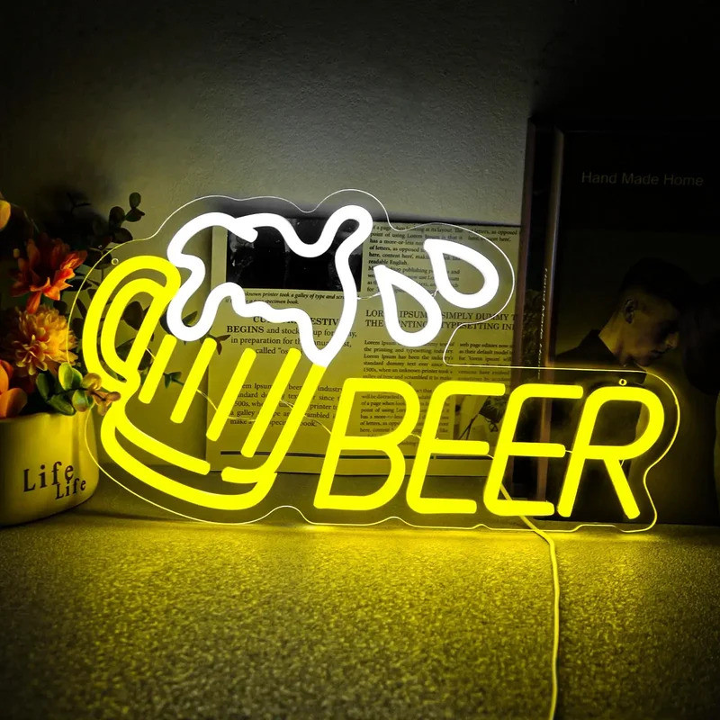Open Bar & Beer Neon Sign - ตกแต่งผับไฟฟ้าสําหรับ Taverns, Home Bars, Party Basements, และ Brew-Themed Spaces ไฟ LED