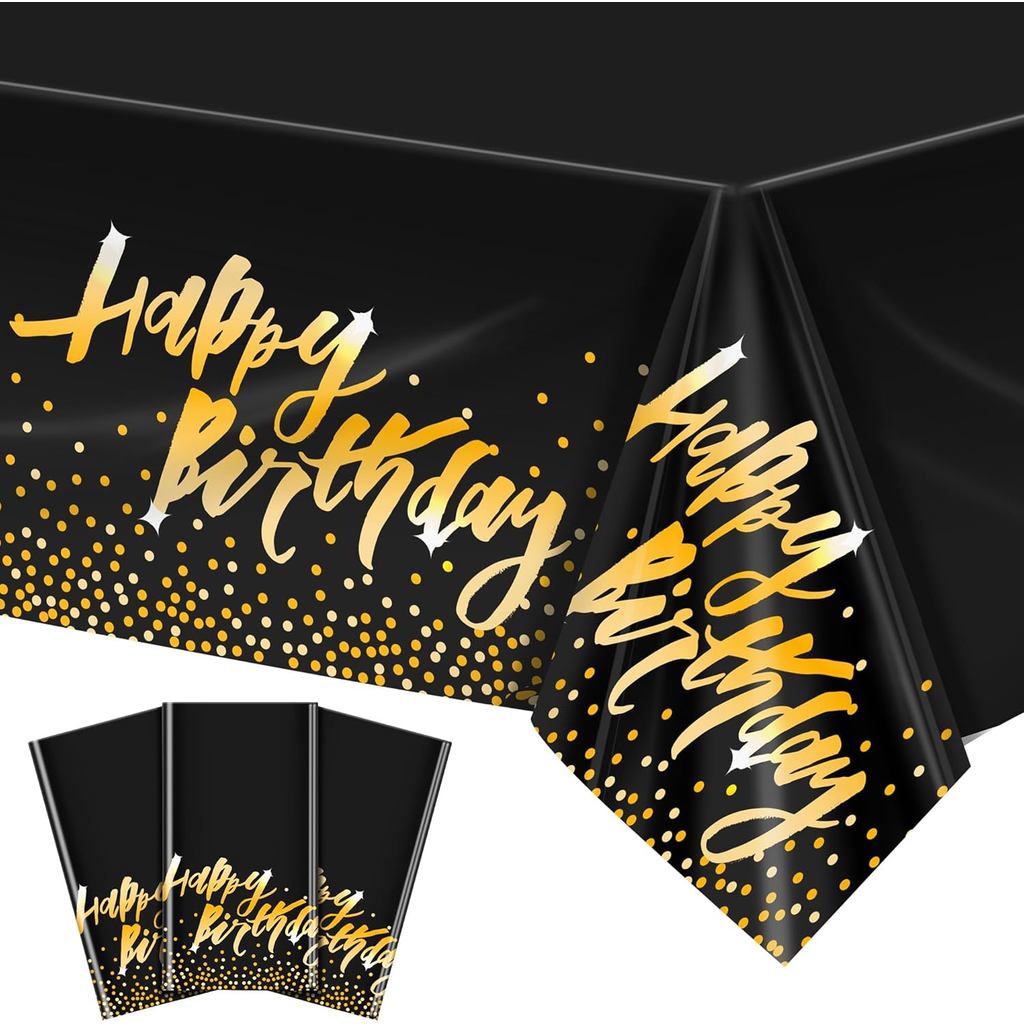 อันเอโก้ 3แพ็คสีดําทองสุขสันต์วันเกิดผ้าปูโต๊ะตารางผ้าปกสีดําทองพรรคทนทานผ้าปูโต๊ะตารางครอบคลุม54 x 