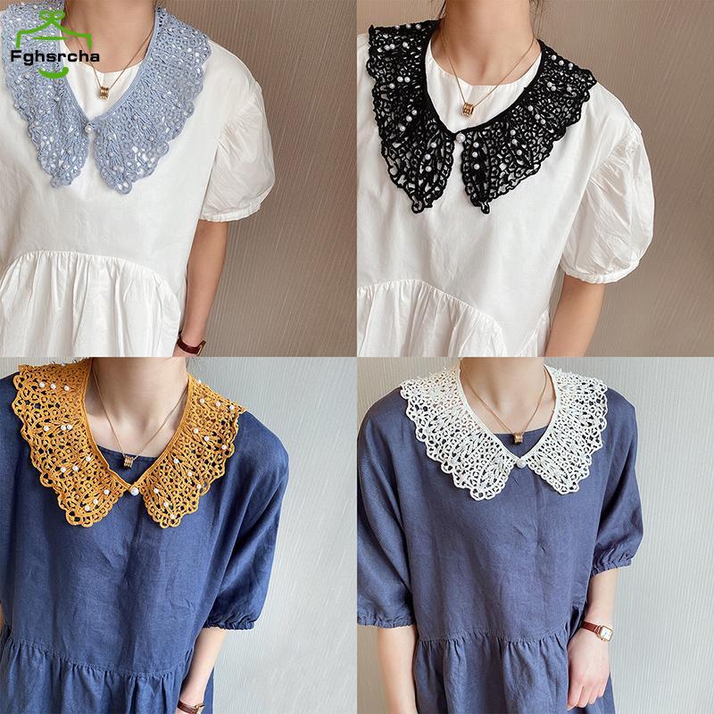 [FHC] ผู้หญิงหวานเสื้อที่ถอดออกได้ตุ๊กตาปลอมคอ Hollow Out ดอกไม้ลูกไม้ Ruffled Trim False Collar ผู้