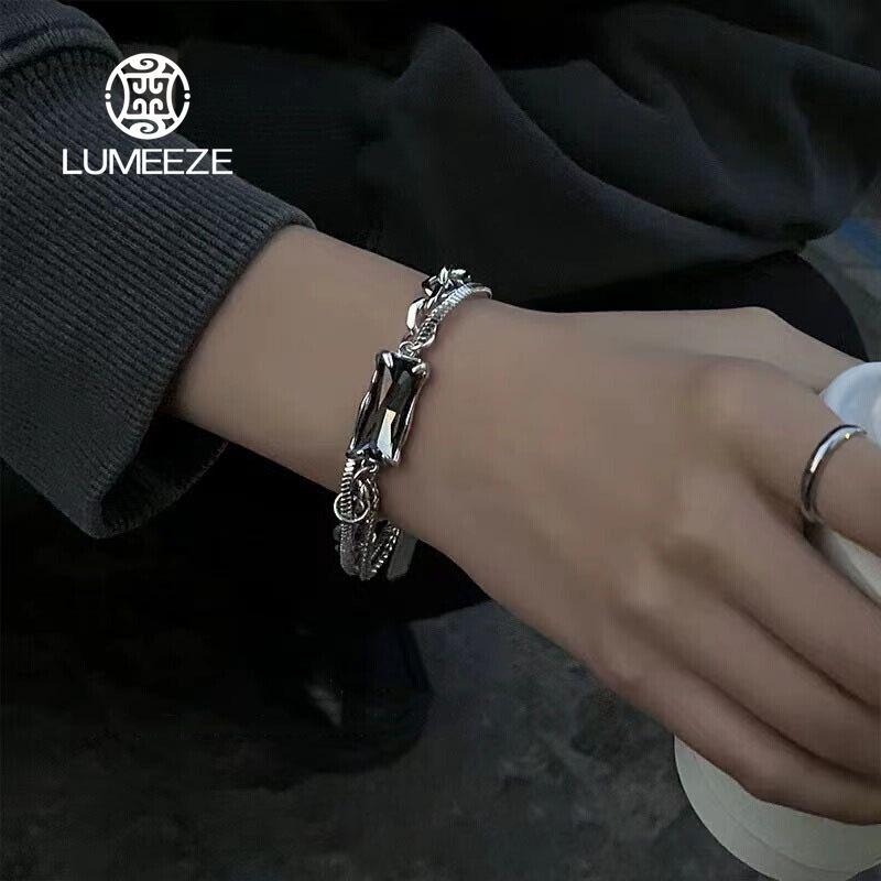LUMEEZEL ไม่จางหายแนวโน้มสีดําZirconสร้อยข้อมือเหล็กไทเทเนียมสําหรับผู้ชายผู้หญิงเกาหลีKpopสีเงินเรข