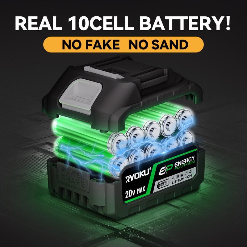ไร้สาย ประแจผลกระทบ ไร้แปรงถ่าน RYOKU ไฟฟ้า 20V พร้อมแบตเตอรี่ 2 ก้อน