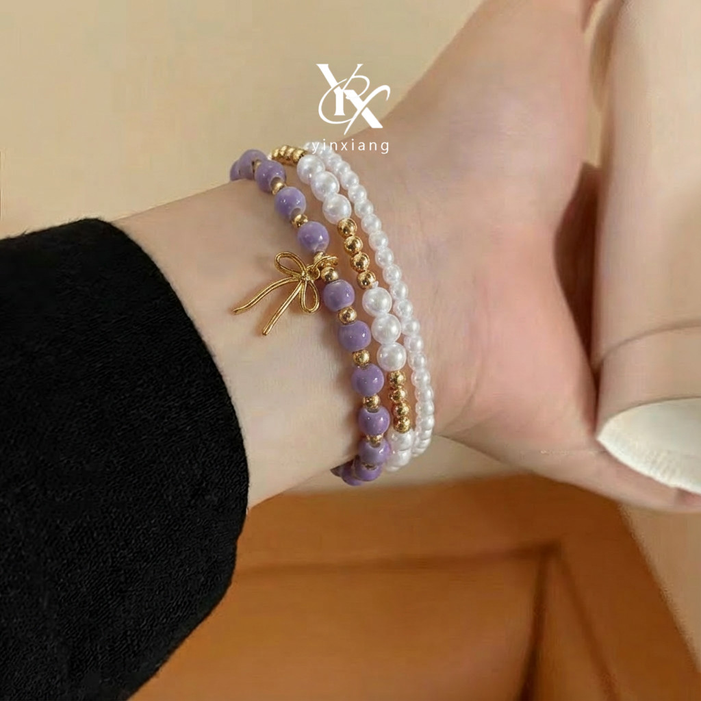 YX พิมพ์เซรามิคโบว์สร้อยข้อมือมุกชุด 3 Y2K ความงามน่ารัก Dainty Gold Silver Layering เครื่องประดับสํ
