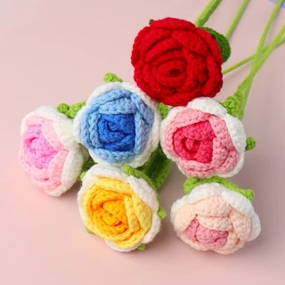 กุหลาบปลอมเนื้อไหมพรม งานถักมือโฮมเมด Flower ช่อดอกไม้วางโต๊ะรับแขก ของแต่งบ้านสไตล์น่ารัก