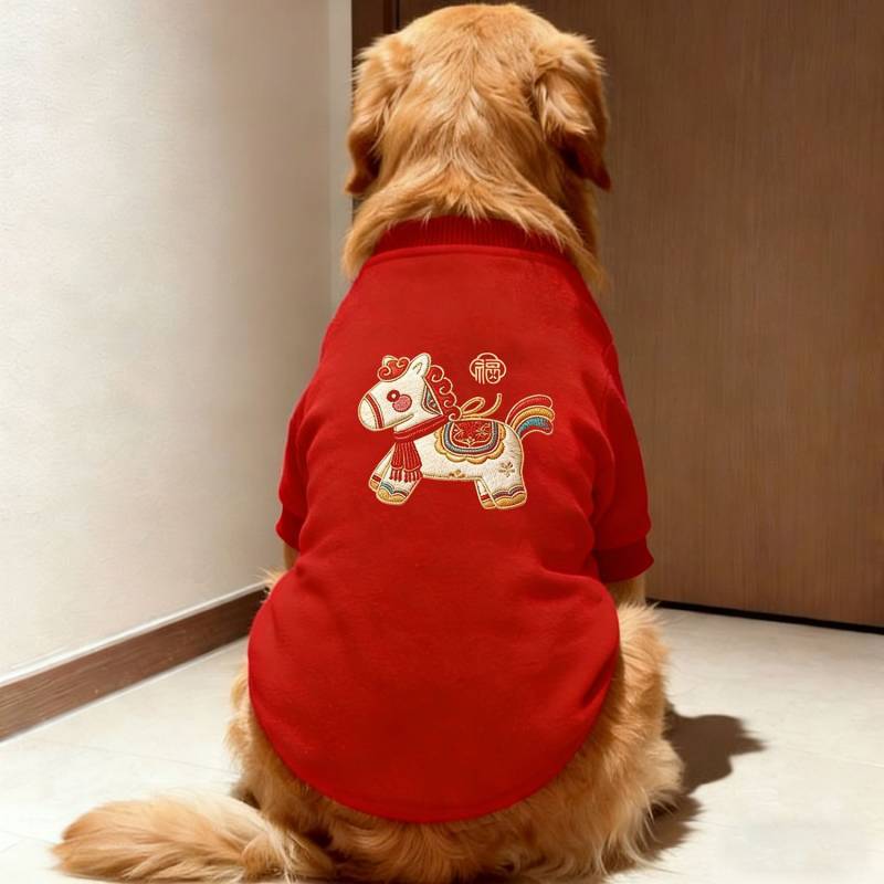 【Ready Stock】 Dog New Red Pony Print Autumn and Winter Two Feet Apparel Golden Retriever Labrador Bo
