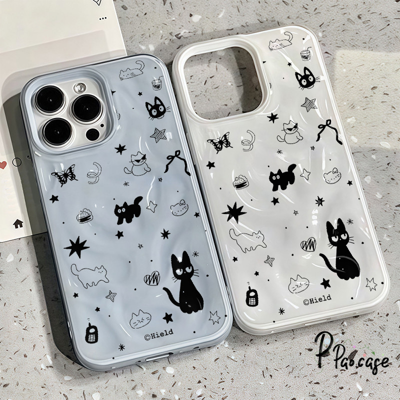 สำหรับ IPhone 16 17 Air 15 11 14 13 12 Pro Max 7 16 8 15 Plus X XR XS Max แว่นกันแดดดาวสีดำแมวน้ำ Ruffle ฝาครอบซิลิโคน